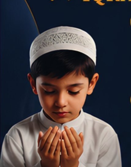 A young pupil in a prayer cap making du'a with cupped hands
