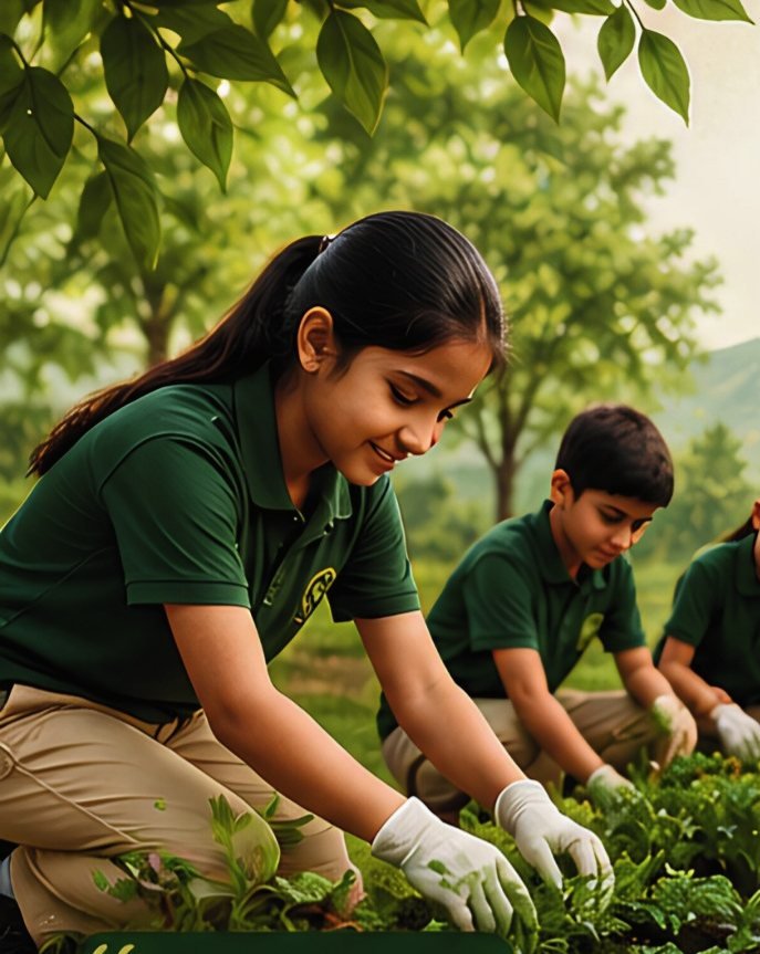 A senior pupil helping younger children plant in the school garden