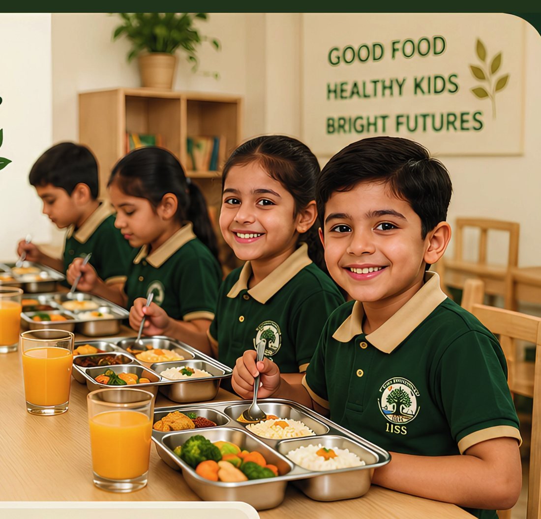 Children eating a hot lunch together at the school dining table