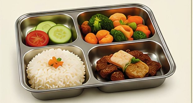 A steel lunch tray with rice, vegetables, salad and a hot dish