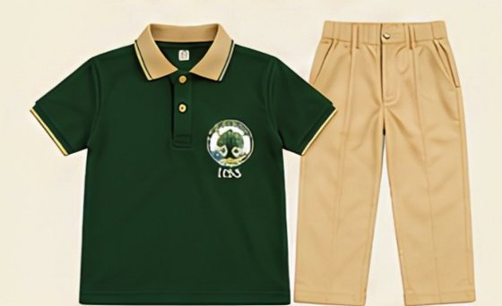 The IISS polo shirt and beige trousers