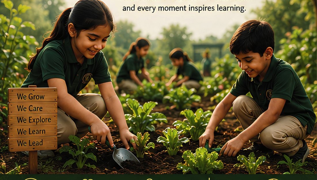 Children digging and planting in the outdoor learning garden