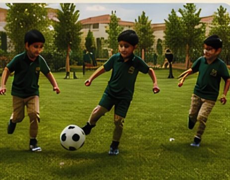 Children playing football on the school field