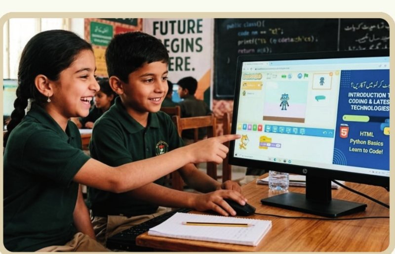Two pupils working at a computer on a coding lesson