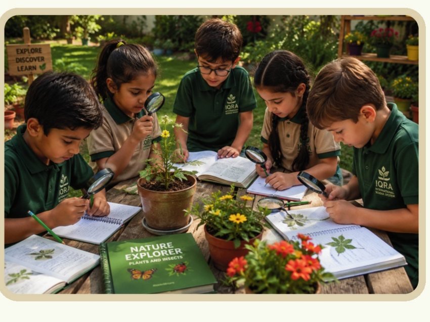 Children studying plants with magnifying glasses and nature journals