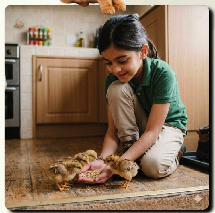 A pupil gently caring for chicks at home