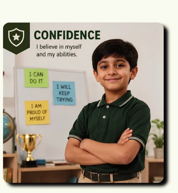 A pupil standing proudly in front of a wall of affirmations, arms folded