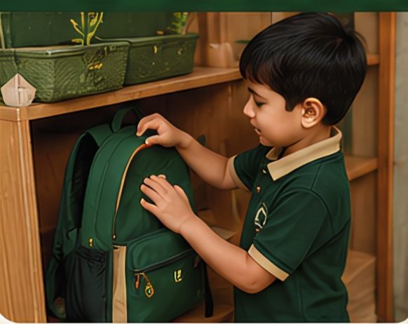 A pupil arranging their backpack on the classroom shelf