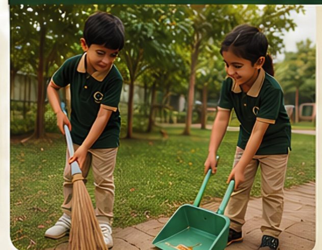 Two pupils sweeping leaves into a dustpan cart on the school path