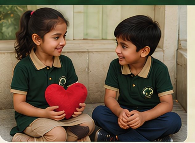 Two children sitting together, one holding a red cushion heart