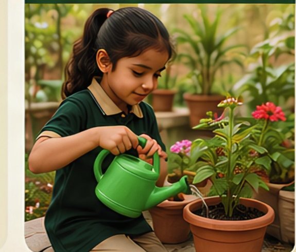 A pupil watering flowering plants with a green watering can