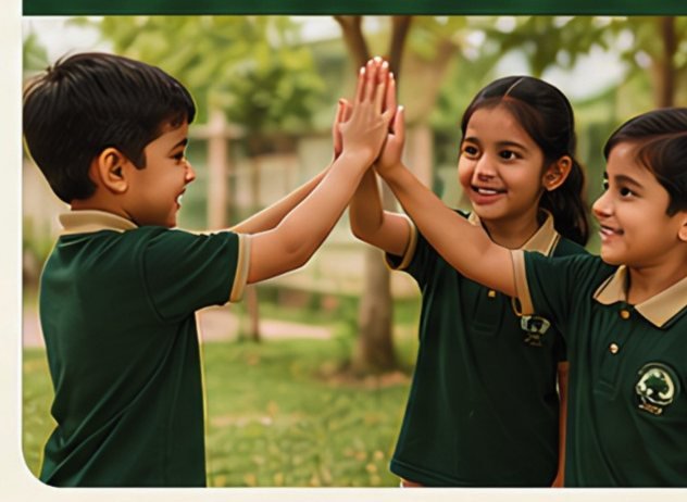 Children high-fiving each other in the school grounds
