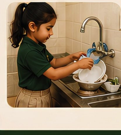 A pupil washing dishes at the practical life sink