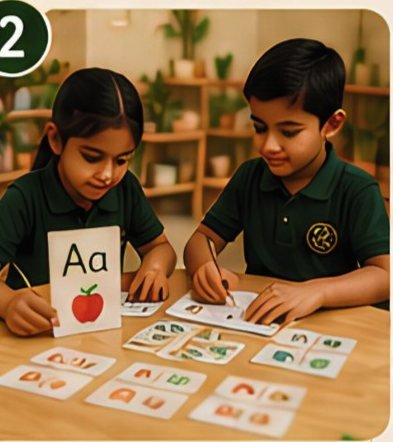 Two pupils working with phonics cards at a table