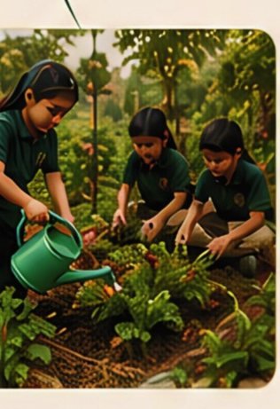 Children watering plants in the outdoor garden