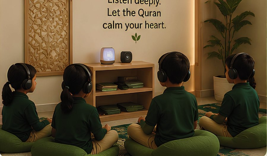 Pupils listening to Quran recitation with headphones