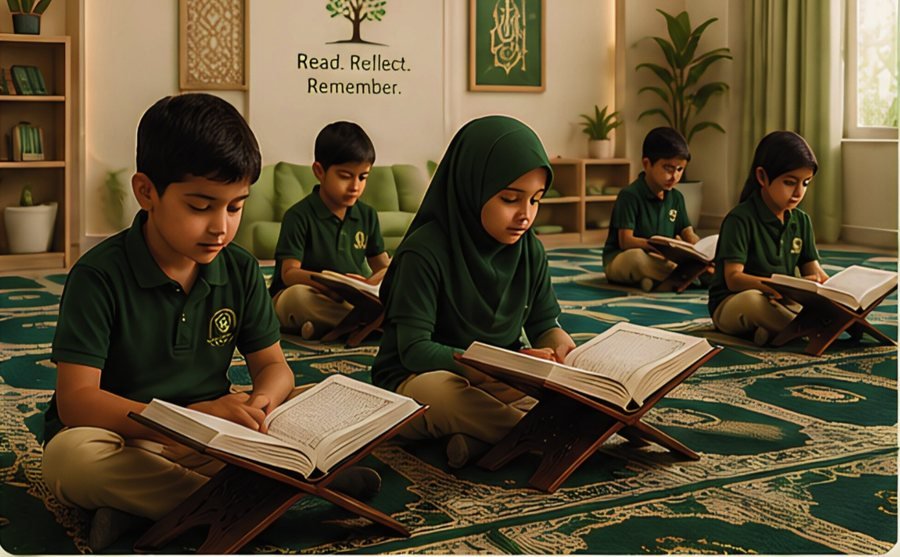 Pupils reading the Quran on rehal stands