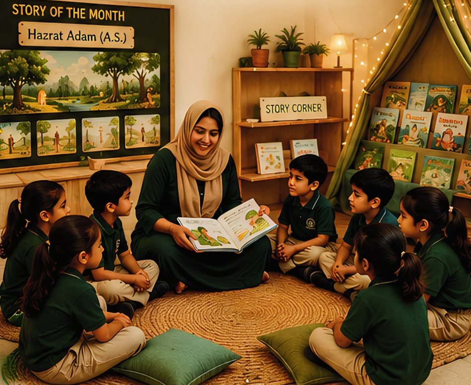 A teacher reading to children in the cosy story corner