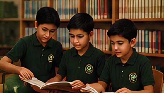Pupils reading together in the library