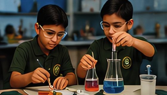 Pupils running an experiment with a flask