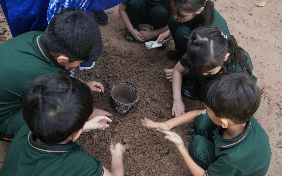 A pupil planting a seedling during community service