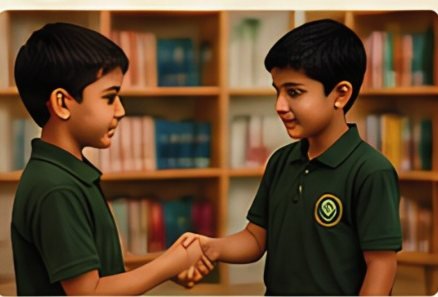 Two pupils shaking hands in the school library