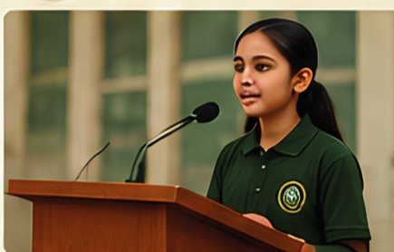 A pupil speaking confidently at a lectern