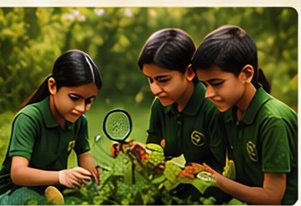 Pupils examining a plant with a magnifying glass outdoors