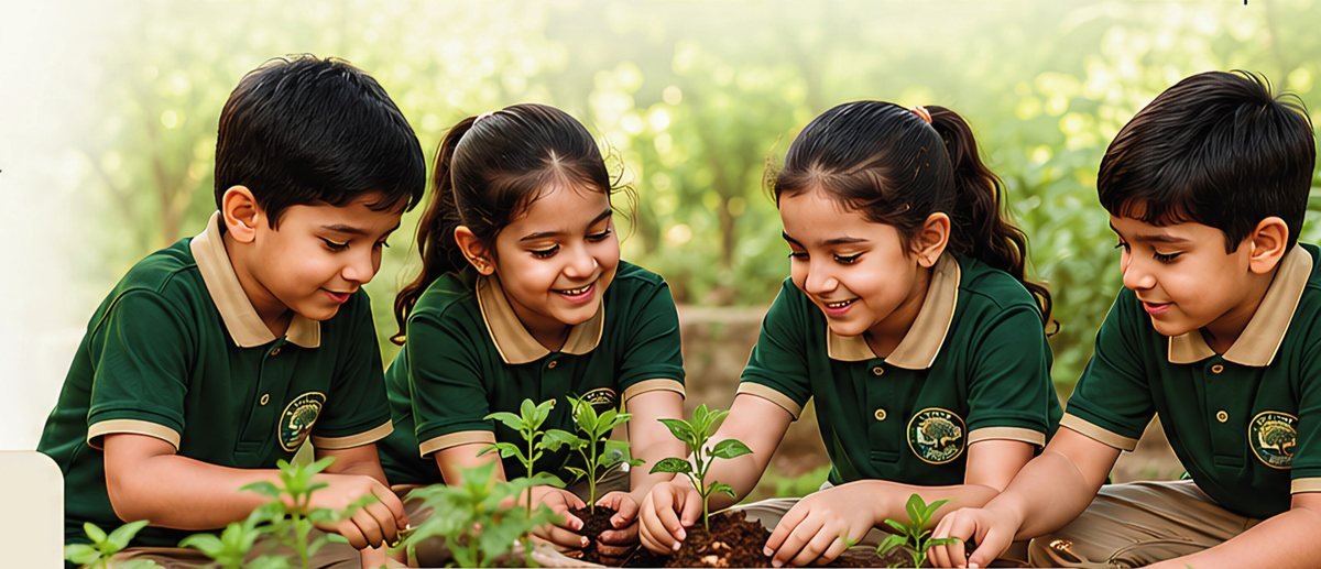 Four children planting seedlings together in the school garden