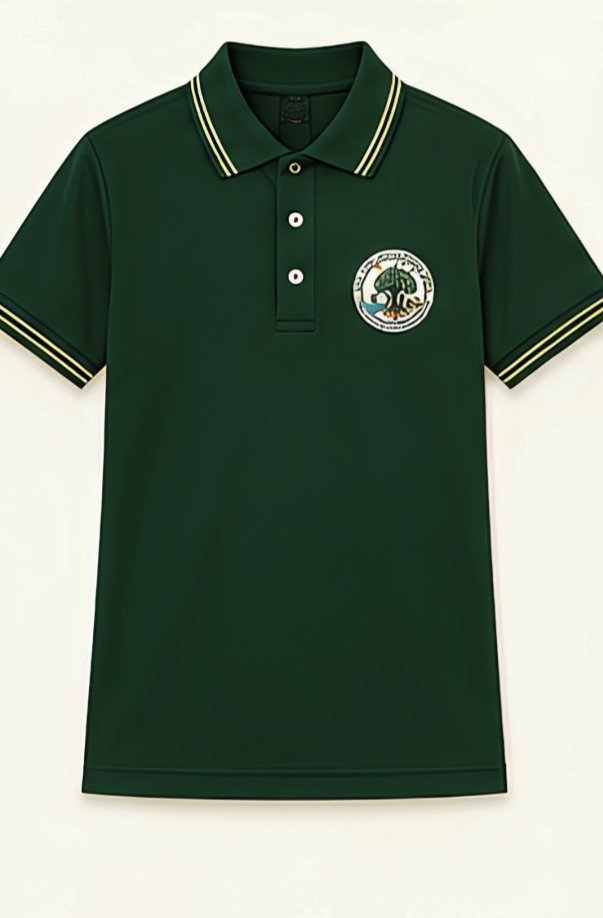 The green IISS polo shirt with a beige collar