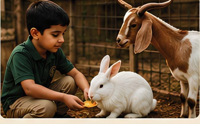 A pupil feeding a rabbit beside a goat