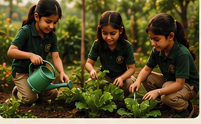 Children watering and tending vegetable beds in the school garden
