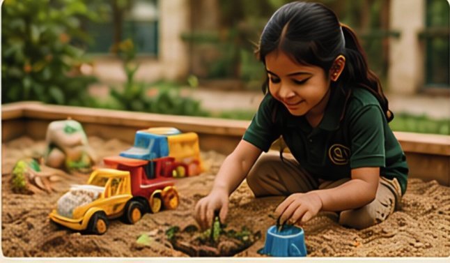 A pupil playing in the sand tray