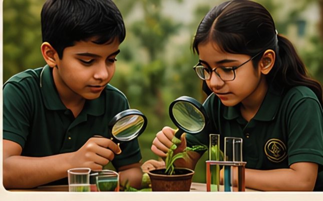 Two pupils examining a seedling with magnifying glasses